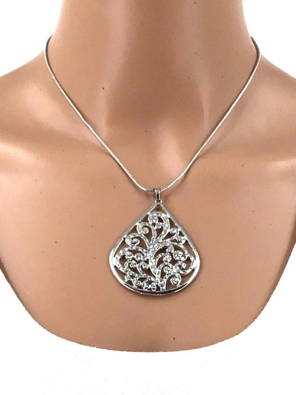 Filagree Pendant Teardrop Shape Silver Tone Necklace Adjustable Length Signed JL
